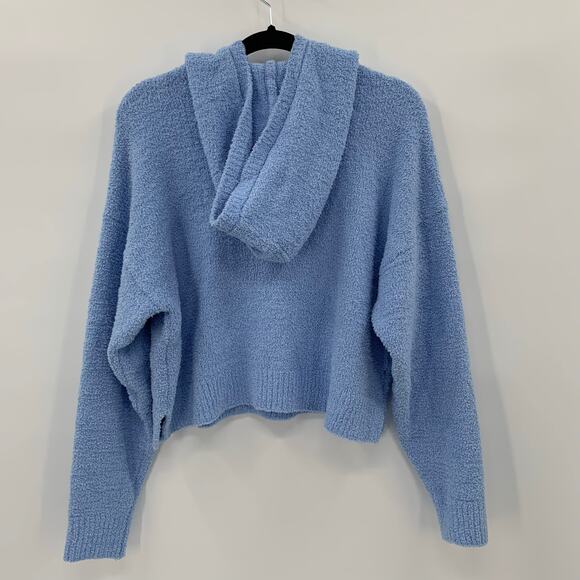 Aerie Womens Small Fuzzy Pullover Hoodie Powder Blue Soft Cozy Cropped Sweater - Picture 2 of 13